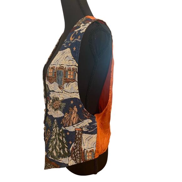 Vintage Backroad Blues Tapestry Cabin Scene Vest USA Made Large Winter Christmas - Picture 3 of 9